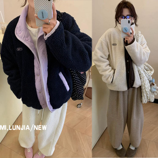 韩系氛围感毛毛羊羔绒上衣 egg刺绣秋冬设计感两穿棉服外套保暖潮
