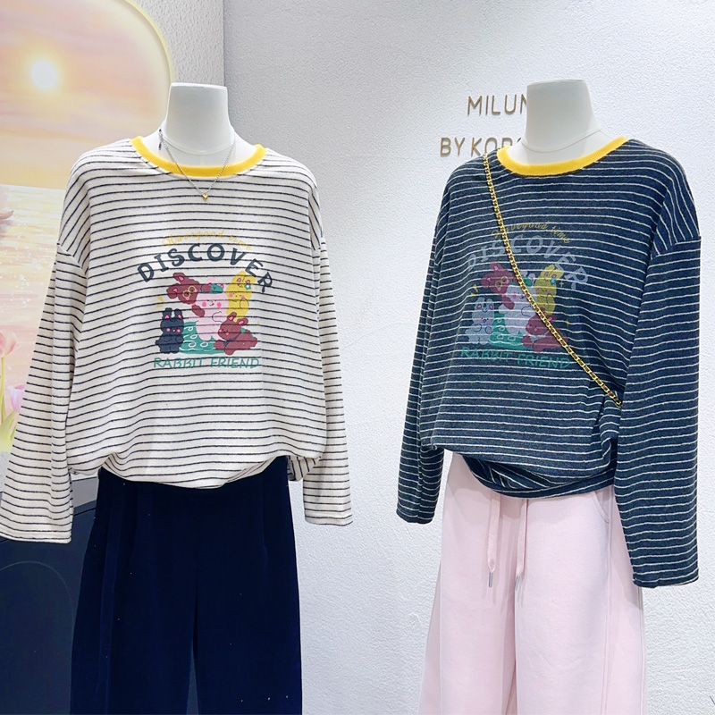俏皮休闲感~韩国东大门2025早春款上衣毛巾棉条纹撞色长袖T恤大码