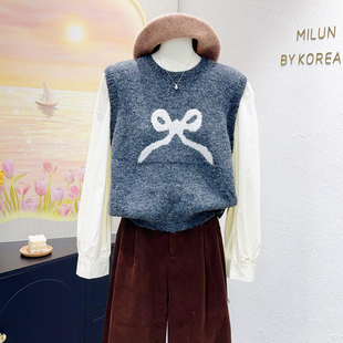 气质显腿长~韩代款秋冬羊毛混纺蝴蝶结马甲泡泡袖衬衫上衣小个子