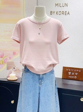 亮闪闪蜜桃粉色~韩代款2026春夏季小个子水钻爱心正肩短袖内搭T恤
