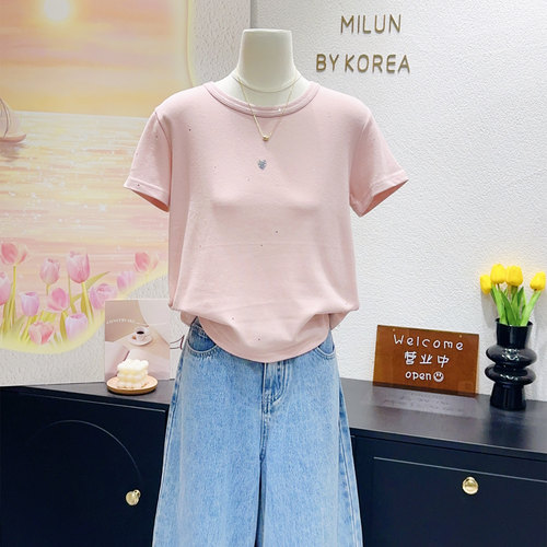 纯欲风粉色闪银正肩短袖小个子