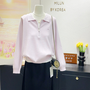 春日松弛感通勤日常~浅紫色针织衫上衣polo领半拉链毛衣温柔显瘦