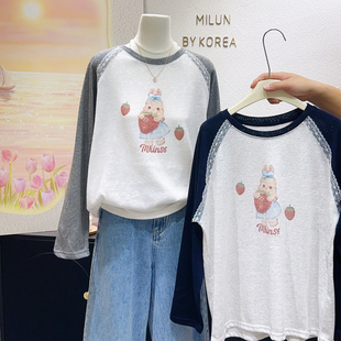 ins风有点甜的春天~韩国订单设计感上衣甜美蕾丝花边长袖正肩T恤