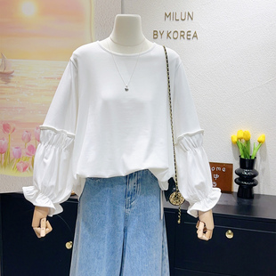 春日花瓣袖上衣~韩国单高品质甜美灯笼袖白色长袖女遮肉显瘦大码