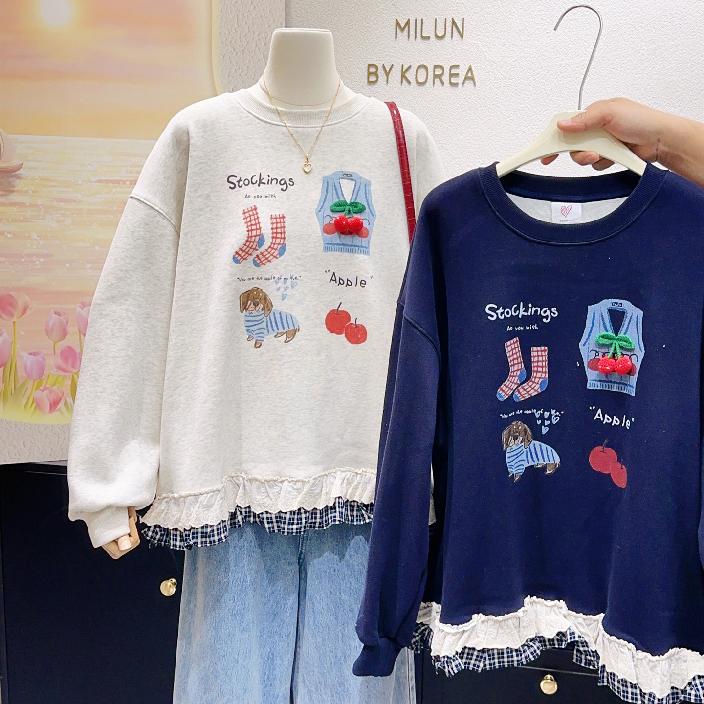 敲可爱可遮臀的蕾丝花边加绒卫衣