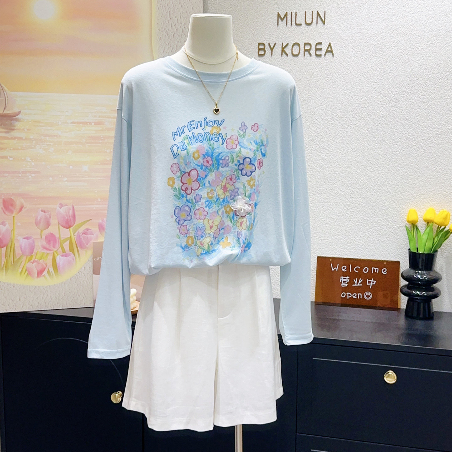 繁花盛开~韩国东大门ins油画风花朵奶蓝色长袖薄款T恤上衣大码女