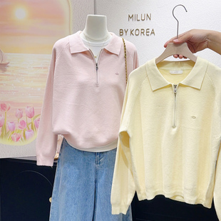 早春明媚系~韩国东大门温柔粉黄色针织衫半拉链小翻领气质毛衣上