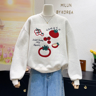 洋气小番茄~韩国订单款秋冬重工刺绣加绒厚卫衣百搭减龄上衣显瘦