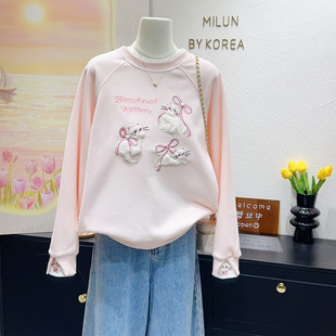 软萌粉可爱~韩代款早春季日系可爱小猫刺绣钉珠长袖卫衣宽松显瘦