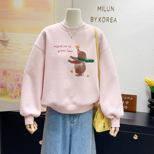 甜美百搭~韩代款秋冬围巾小熊加绒粉色卫衣减龄女上衣小个子宽松