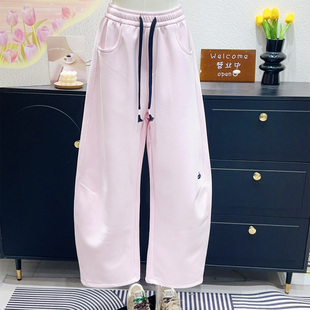 大码 梨形姐妹遮胯显瘦 粉色卫裤 女直筒裤 立体剪裁高腰弯刀休闲裤