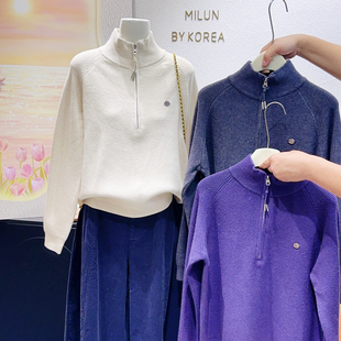 气质紫罗兰色~高品质安迪绒秋冬款立领毛衣半拉链针织衫微胖显瘦