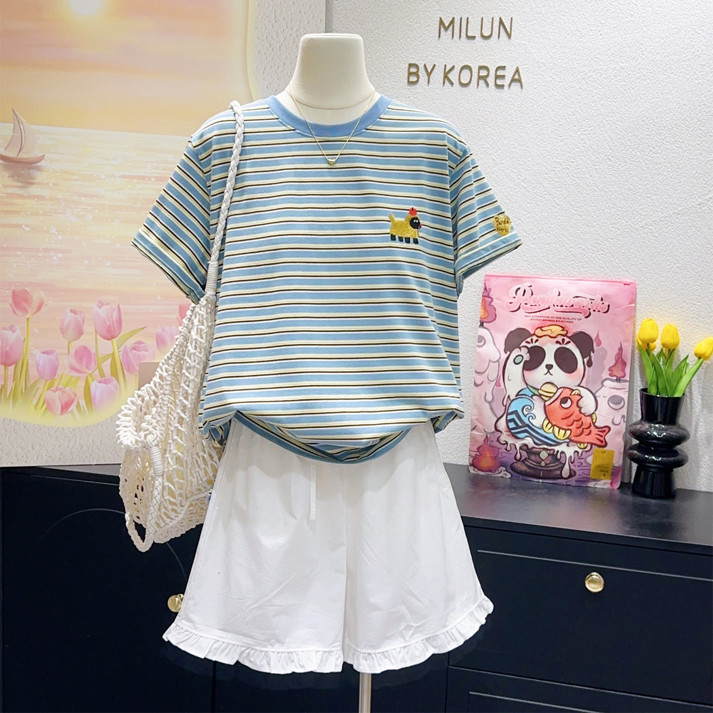 Pandawarks纸袋家高品质100%纯棉蓝色条纹短袖开叉上衣宽松大码女