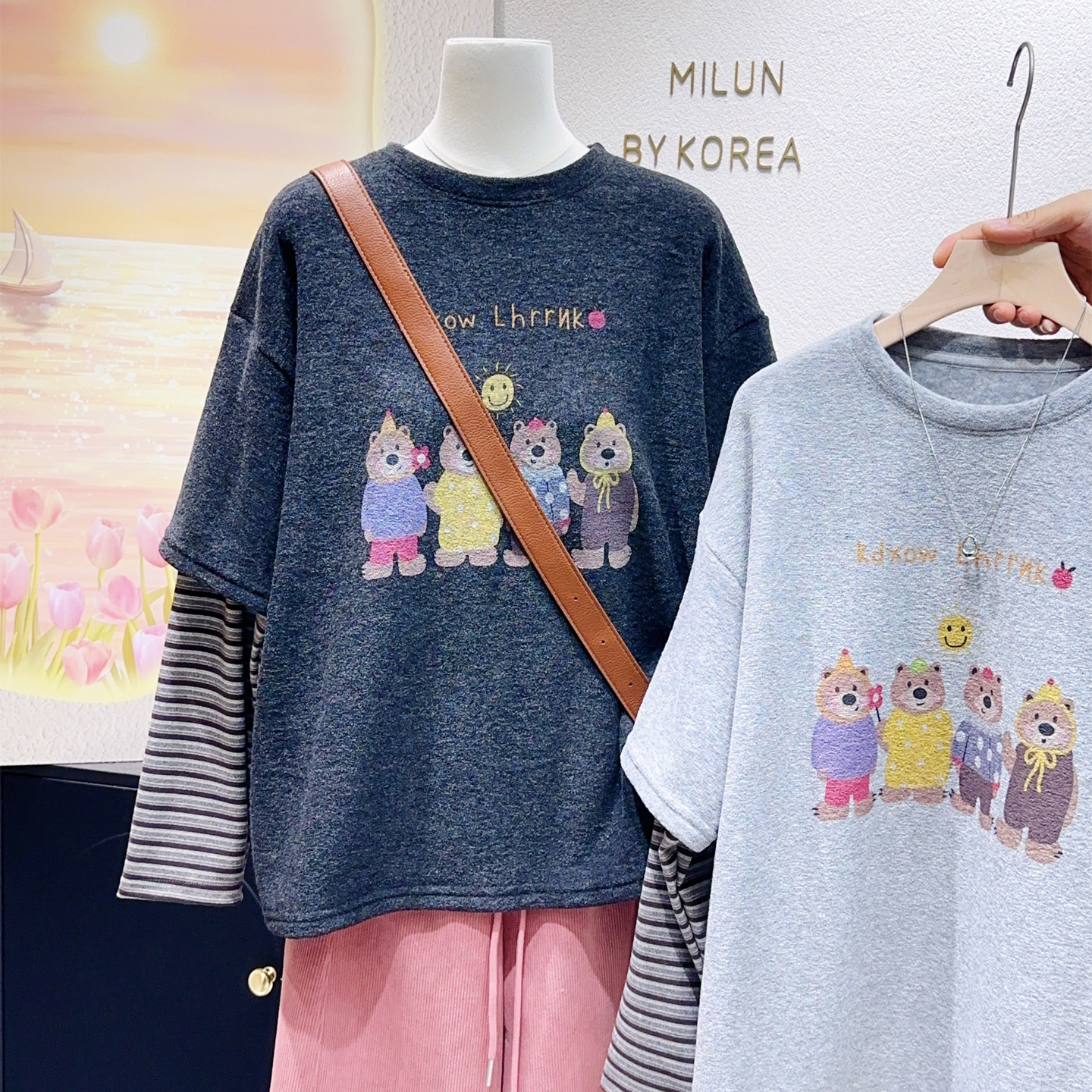 趣味松弛感~韩国东大门秋冬上衣可爱小熊假两件毛巾棉加绒T恤大码