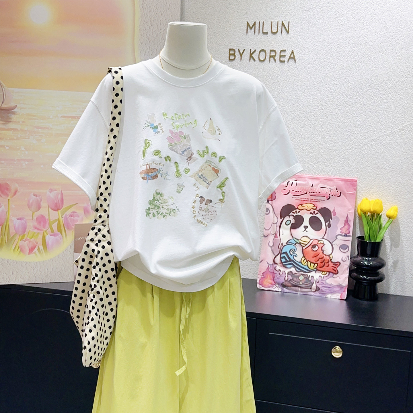 你好，晴天女孩~Pandawaks纸袋家郁金香花朵刺绣短袖100%纯棉上衣