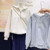 连帽半拉链加绒卫衣宽松显瘦简约百搭帽衫 极简休闲风 秋冬款 上衣