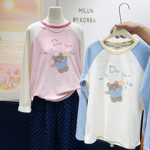 人见人爱~韩国订单款2026春季ins风奶甜可爱小熊长袖毛巾棉T恤女