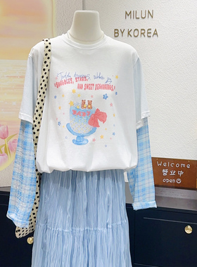 奶油蓝色穿搭~韩国订单款清新减龄日系格子衬衫袖防晒上衣大码