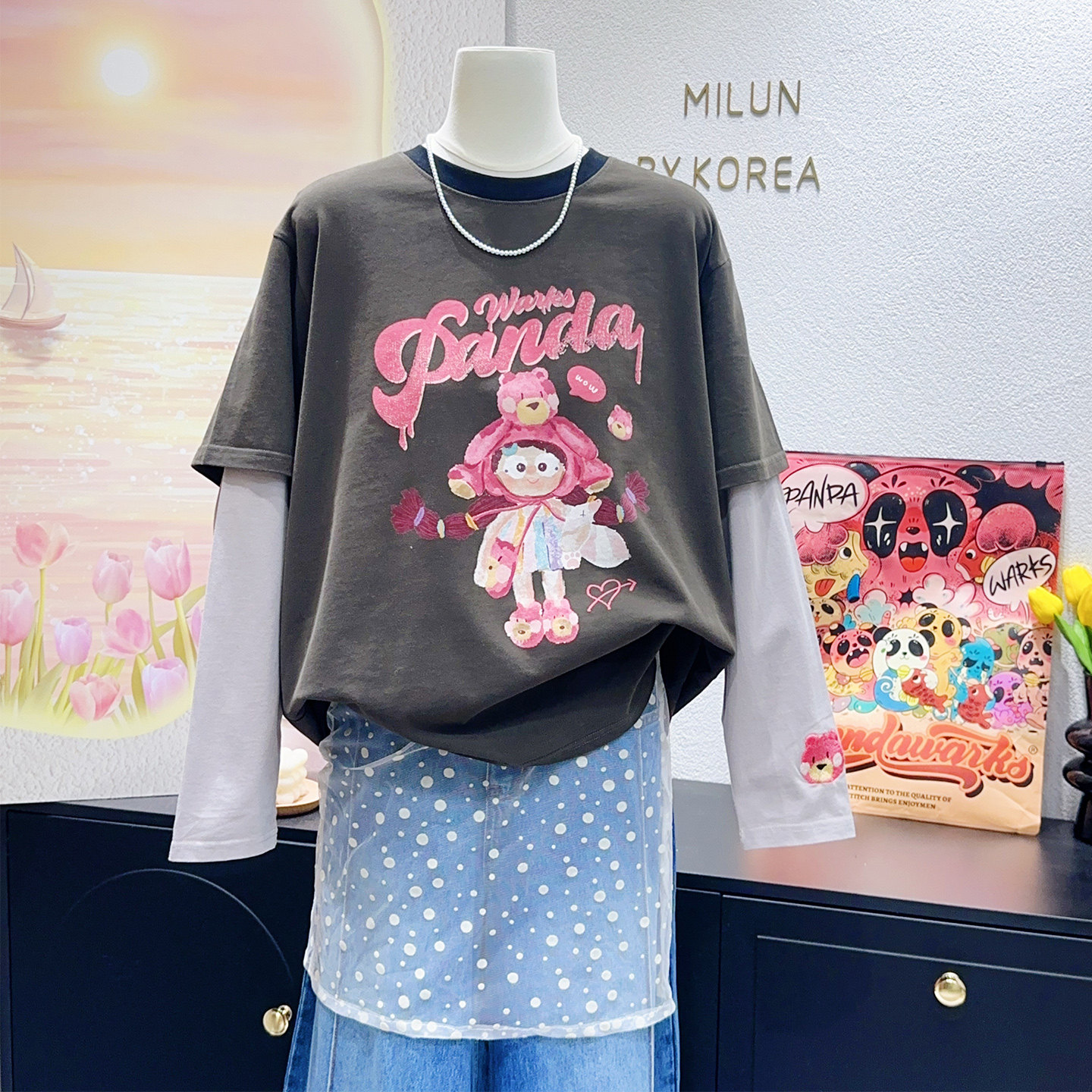 生活彩页~2026早春新款纸袋家甜酷草莓熊假两件上衣纯棉长袖T大码,女装/女士精品,T恤,淘宝优惠券,粉丝福利购,淘宝优惠卷