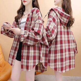 冷淡系特别衬衫2026正流行连帽格子衬衫女2024春秋新款宽松休闲韩