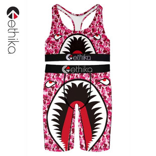ethika女士运动套装涂鸦印花流速干美式弹力长裤背心套装潮人外贸