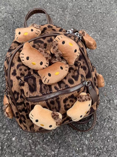 自制 ins千禧辣妹豹纹黑皮KT包包Kitty猫双肩包 通勤旅行小背包