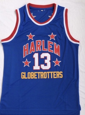 哈林篮球队威尔特·张伯伦13号蓝色刺绣球衣街头情侣风格
