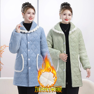 家居服女士新款棉衣冬装三层保暖罩衣加绒加厚中长款宽松棉服外套