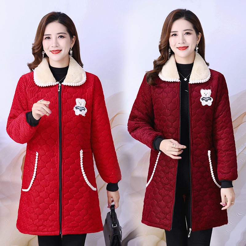 冬款新款加绒外套翻领罩衣棉服中老年妈妈装防污工作服中长款棉衣