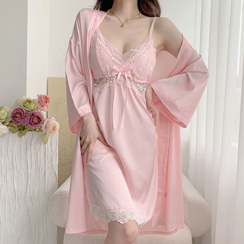 睡衣女春秋冰丝2023年新款性感薄款两件套火辣带胸垫吊带睡裙夏