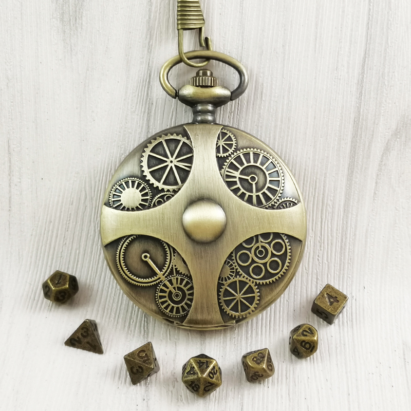 外贸2024新款DND骰子青铜色齿轮怀表表壳空壳粗腰链复古现货直销