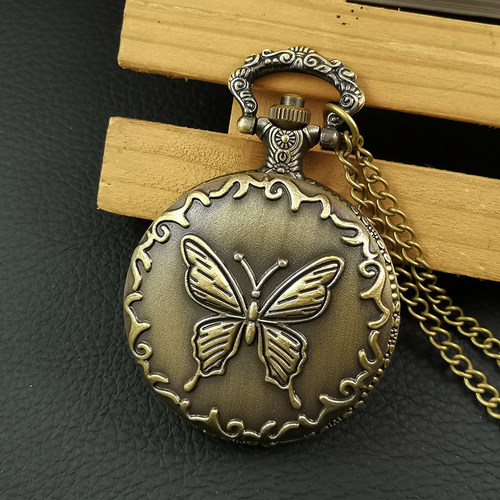 复古蝴蝶怀表翻盖石英表女款学生男挂表项链怀旧电子可放照片定制