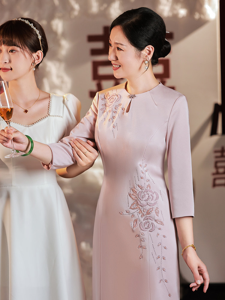 中年妈妈装婚宴会优雅中长款高端复古风旗袍裙喜婆婆高贵结婚礼服