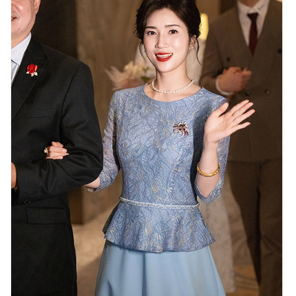 小个子平时可穿妈妈装婚宴蕾丝无开叉旗袍裙喜婆婆婚礼高级感礼服