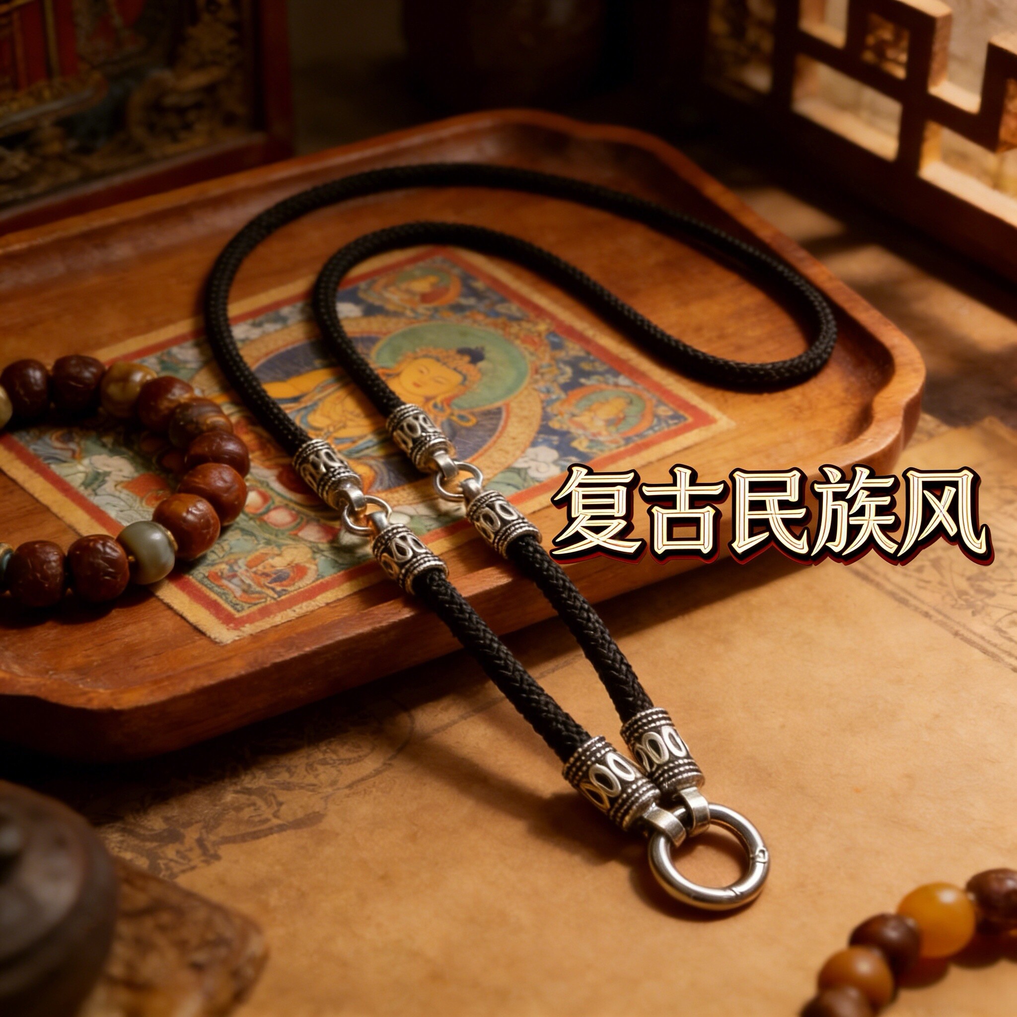 复古民族风泰国佛牌链棉布绳男女做旧银色三挂双挂吊坠项链挂链子