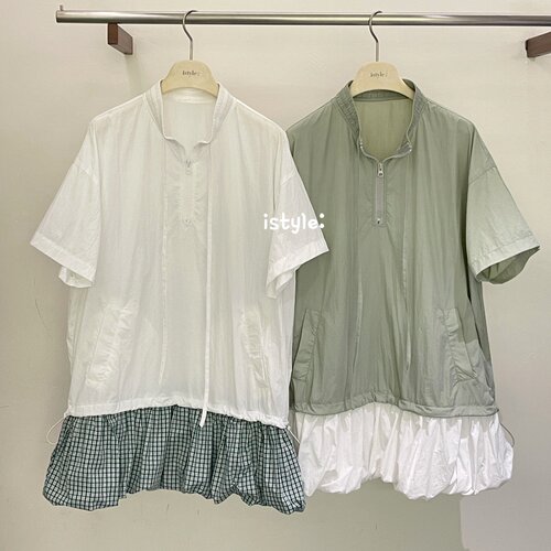 2026春夏istyle韩版短袖立领衬衫裙抽绳宽松拼接下摆花苞连衣裙女