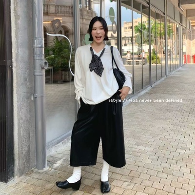 2025秋季istyle韩国新款时尚丝巾搭配T恤宽松V领长袖上衣洋气女潮