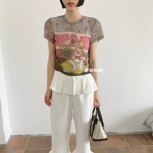 韩版istyle卡通短袖冰丝网纱防晒T恤女夏季可爱小猫印花百搭上衣