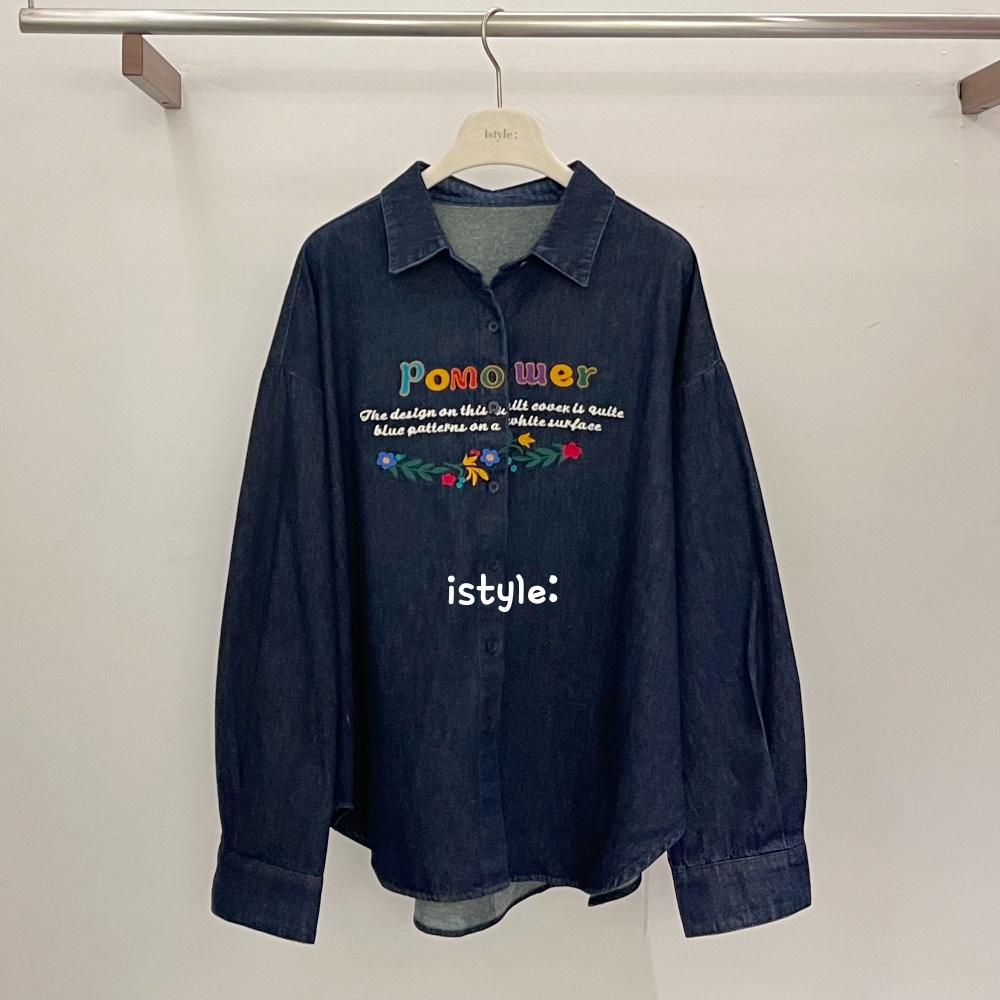 2025秋冬istyle韩版衬衣彩色字母刺绣印花宽松磨毛牛仔衬衫外套女