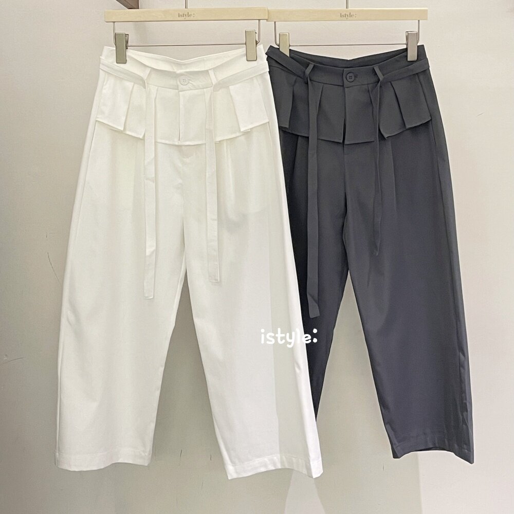 2026韩版istyle夏季新款拼接假两件荷叶木耳边长裤抽绳阔腿休闲裤