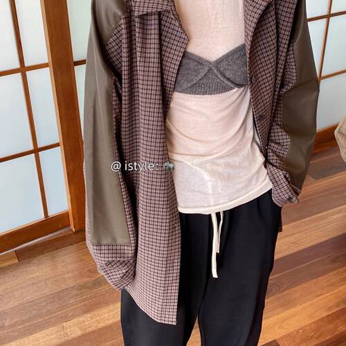 特价不退换 韩版istyle复古格子长袖衬衫宽松休闲衬衣叠穿外套女