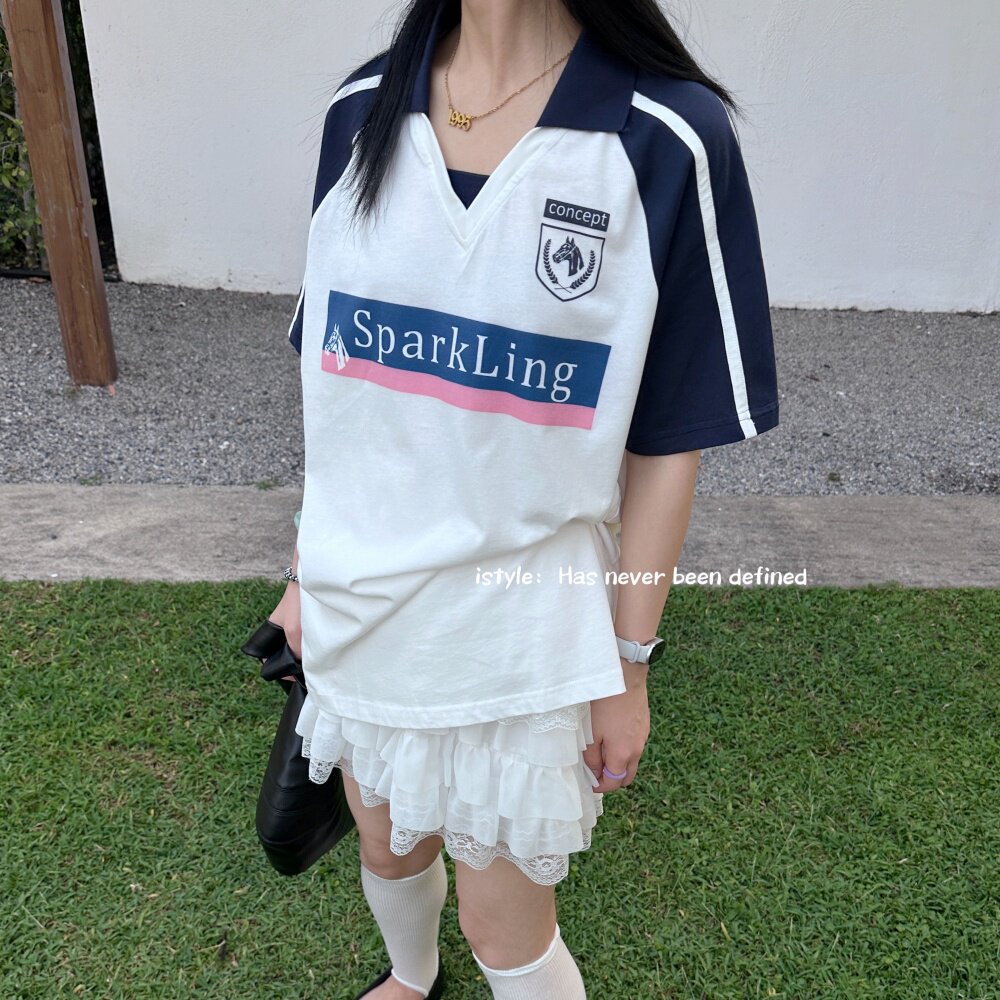 韩版istyle新款2026春季撞色字母队标印花运动球衣短袖宽松T恤女