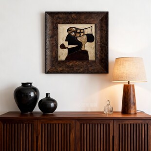 中古风皮革画框复古沙发背景墙客餐厅卧室装饰画样板房高级感挂画