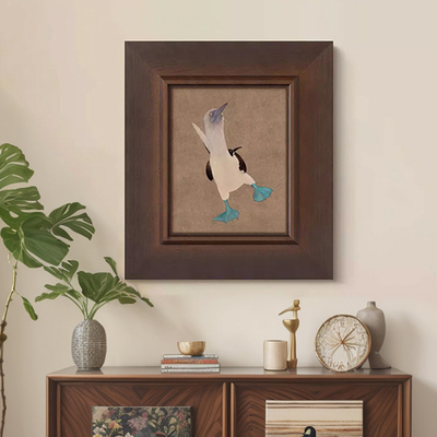 L蓝脚鲣鸟动物挂画法式复古中古风装饰画实木框趣味小众艺术挂画