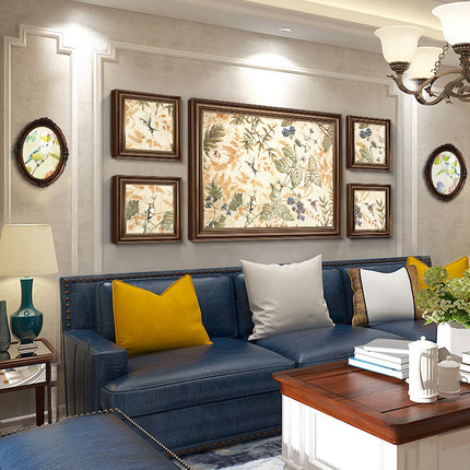 美式复古客厅沙发背景墙装饰画欧式轻奢花鸟四联挂画餐厅玄关壁L