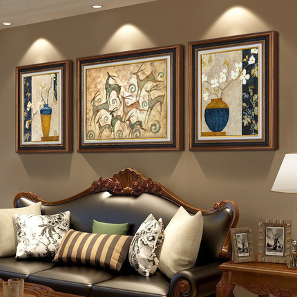 大气美式轻奢客厅装饰画三联沙发背景墙欧式家居挂画壁画逐鹿瓶安