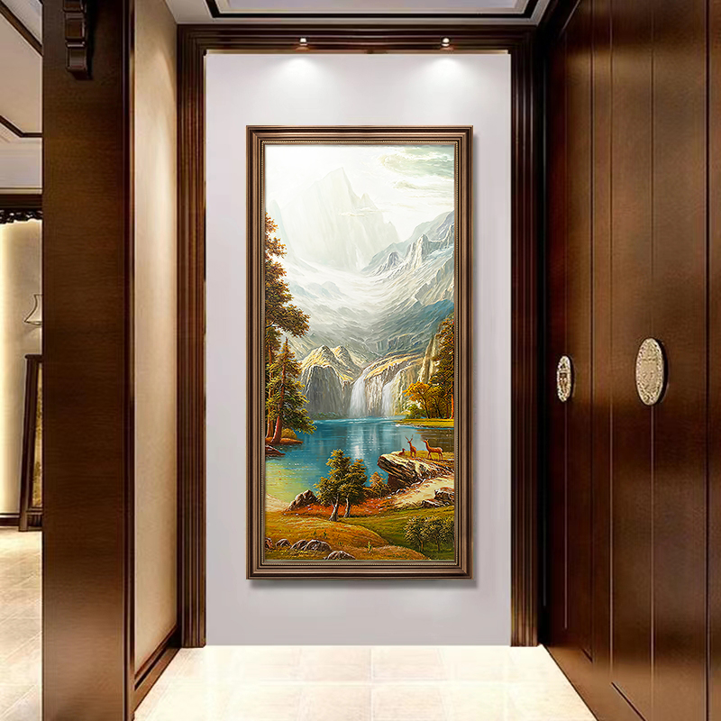 流水生财美式入户玄关装饰画客厅挂画过道竖版落地款油画复古麋鹿图片