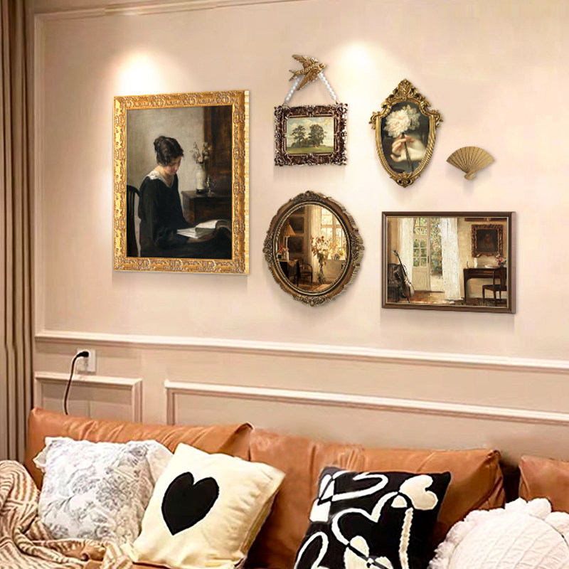 法式中古风客厅装饰画艺术人物美式复古卧室餐厅挂画实木小众壁画