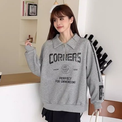 原创潮牌美式复古字母印花春秋款翻领卫衣女运动休闲百搭上衣