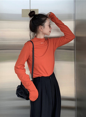 半高领橘色长袖t恤女修身内搭打底衫橙色 中领百搭薄款上衣春秋冬